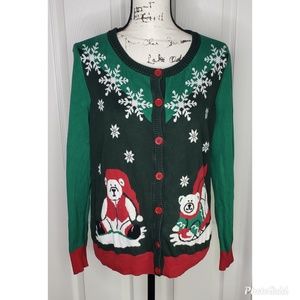 Ugly Christmas Sweater Button Down Polar Bear Snowflakes Green White Red Medium